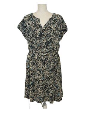Loft Dress Women's Size Large Short Sleeve V-Neck Print Dress in Beige and Teal